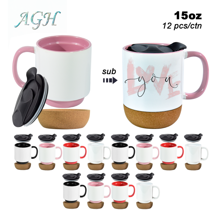 AGH US 15/12OZ Ceramic Sublimation blank coffee mug with wooden bottom or tea spoon 12pcs/carton for custom diy Halloween Christmas  Valentine's decor