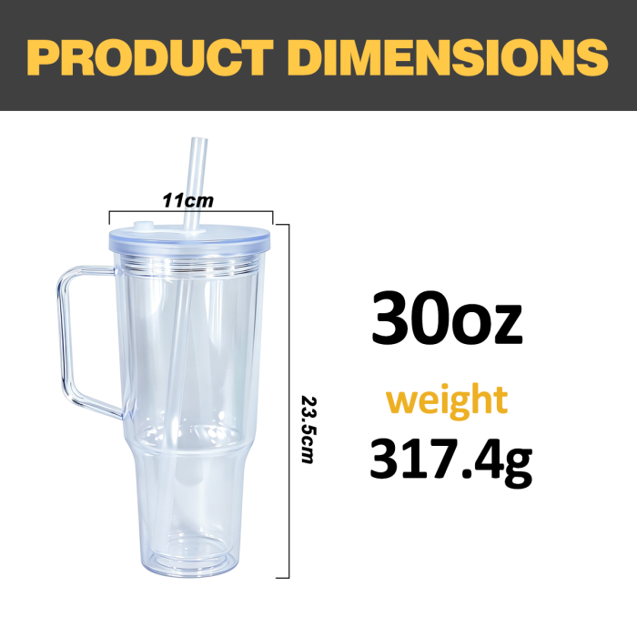 AGH US Warehouse New Collection 30 OZ Leak-Proof Double Wall Snow Globe Handle Car Mug Tumbler With Colored Lids Bubble tea straws, With Pre Drilled Hole And Plugs