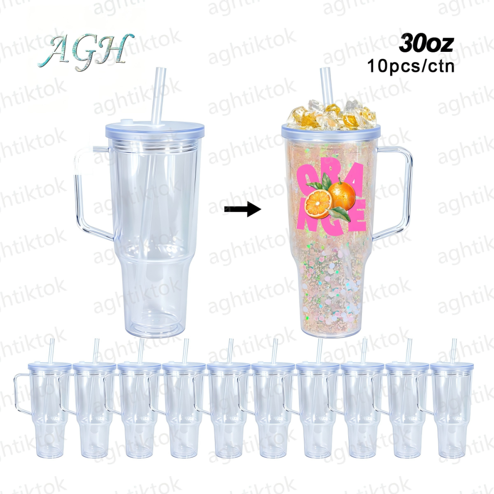 AGH US Warehouse New Collection 30 OZ Leak-Proof Double Wall Snow Globe Handle Car Mug Tumbler With Colored Lids Bubble tea straws, With Pre Drilled Hole And Plugs