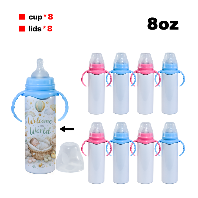 US Warehouse stocked 8pcs/16pcs 8oz/240ml Sublimation Baby Bottle with Handle and Silicone Sipper Spouts Mixed Colors blue and pink handle for gift diy