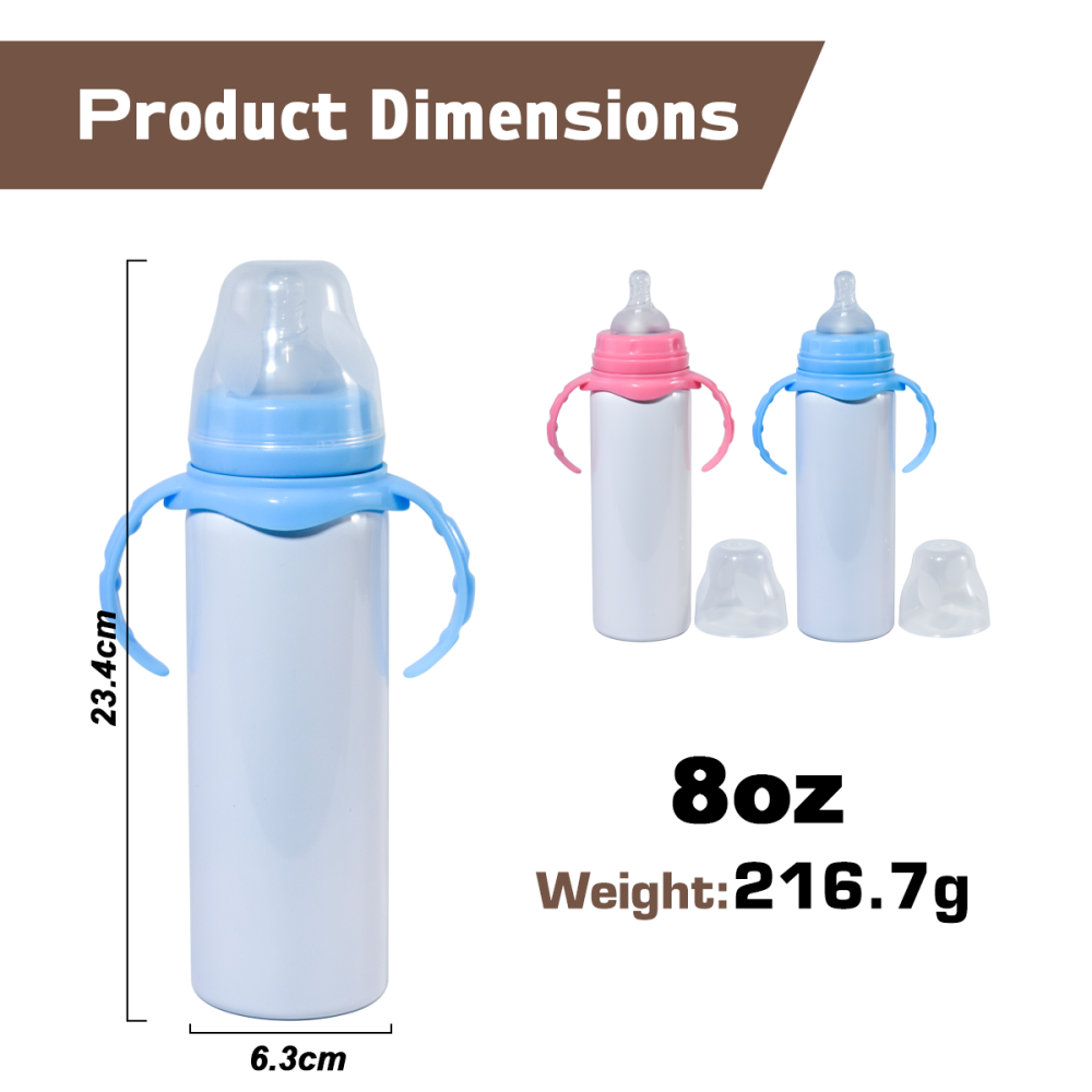US Warehouse stocked 8pcs/16pcs 8oz/240ml Sublimation Baby Bottle with Handle and Silicone Sipper Spouts Mixed Colors blue and pink handle for gift diy
