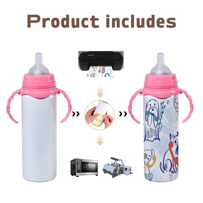 US Warehouse stocked 8pcs/16pcs 8oz/240ml Sublimation Baby Bottle with Handle and Silicone Sipper Spouts Mixed Colors blue and pink handle for gift diy