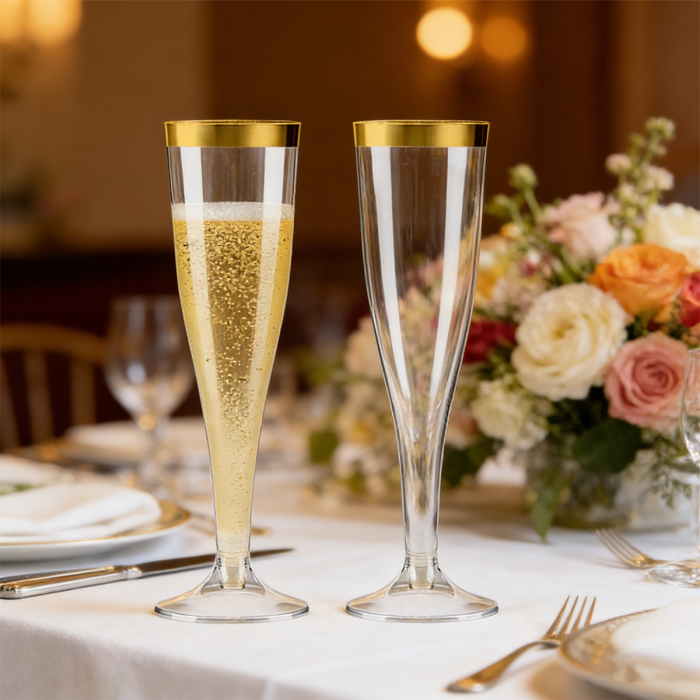 US warehouse stocked 50pcs 5 oz Plastic Clear Champagne Flutes with Gold Rim, Disposable Toasting Glasses for Champagne,Cocktail, Wine, Tequila, Perfect for Wedding, Engagement,Party & Mimosa Bar