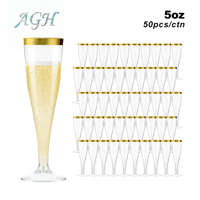 US warehouse stocked 50pcs 5 oz Plastic Clear Champagne Flutes with Gold Rim, Disposable Toasting Glasses for Champagne,Cocktail, Wine, Tequila, Perfect for Wedding, Engagement,Party & Mimosa Bar