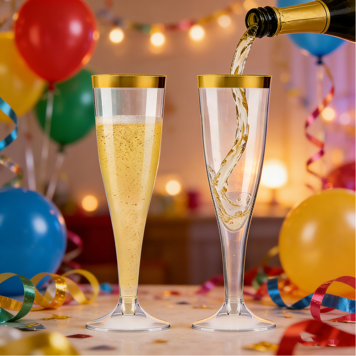 US warehouse stocked 50pcs 5 oz Plastic Clear Champagne Flutes with Gold Rim, Disposable Toasting Glasses for Champagne,Cocktail, Wine, Tequila, Perfect for Wedding, Engagement,Party & Mimosa Bar