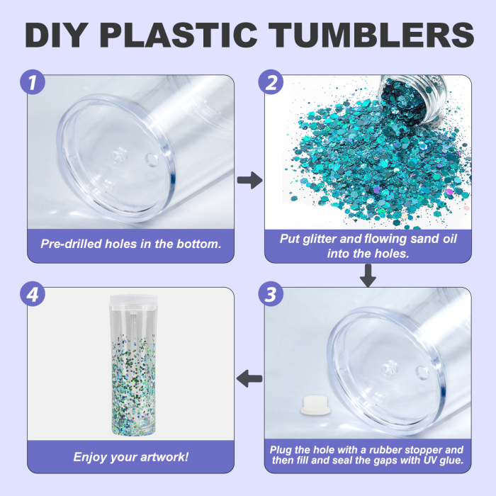 AGH 10pcs 20 OZ Snow Globe double wall plastic tumbler With Pre Drilled Hole And Plugs and flip straw lids for glitter DIY,  Reusable Drinkware Portable Cup