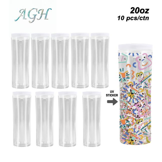 AGH 10pcs 20 OZ Snow Globe double wall plastic tumbler With Pre Drilled Hole And Plugs and flip straw lids for glitter DIY,  Reusable Drinkware Portable Cup