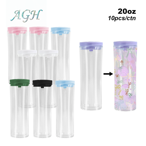 AGH 10pcs 20 OZ Snow Globe double wall plastic tumbler With Pre Drilled Hole And Plugs and flip straw lids for glitter DIY,  Reusable Drinkware Portable Cup