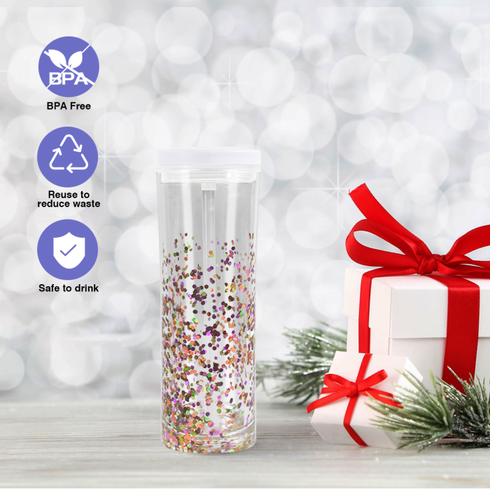 AGH 10pcs 20 OZ Snow Globe double wall plastic tumbler With Pre Drilled Hole And Plugs and flip straw lids for glitter DIY,  Reusable Drinkware Portable Cup