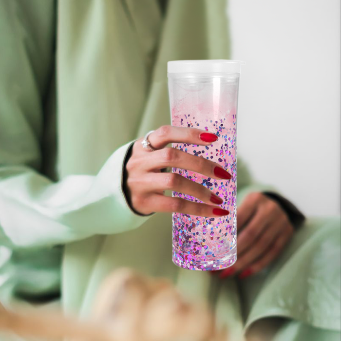 AGH 10pcs 20 OZ Snow Globe double wall plastic tumbler With Pre Drilled Hole And Plugs and flip straw lids for glitter DIY,  Reusable Drinkware Portable Cup