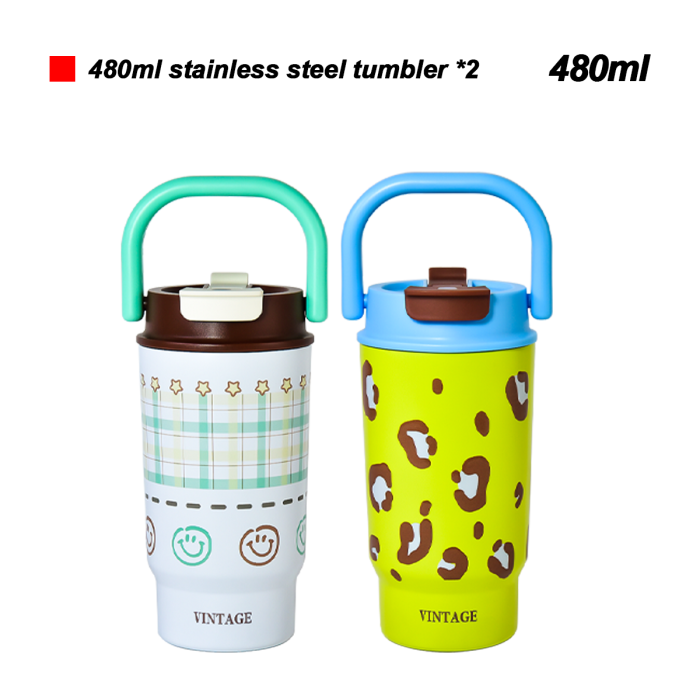 480ml 2-pack Gift packing 480ml Stainless Steel Water Bottle Portable Handheld Insulated Travel Coffee Mug Leakproof Thermal Cup for Outdoor Sports