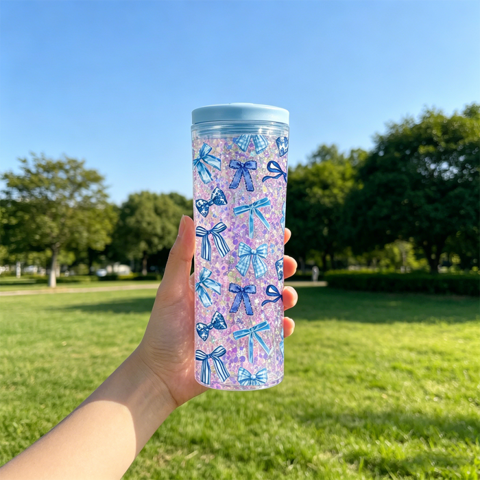AGH 10pcs 20 OZ Snow Globe double wall plastic tumbler With Pre Drilled Hole And Plugs and flip straw lids for glitter DIY,  Reusable Drinkware Portable Cup