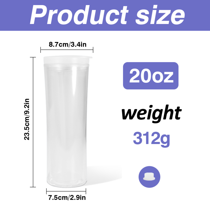 AGH 10pcs 20 OZ Snow Globe double wall plastic tumbler With Pre Drilled Hole And Plugs and flip straw lids for glitter DIY,  Reusable Drinkware Portable Cup