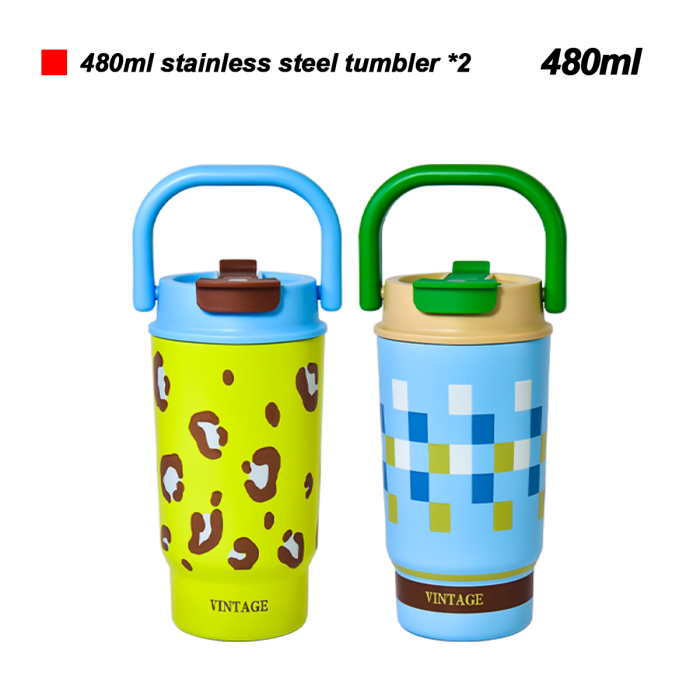 480ml 2-pack Gift packing 480ml Stainless Steel Water Bottle Portable Handheld Insulated Travel Coffee Mug Leakproof Thermal Cup for Outdoor Sports