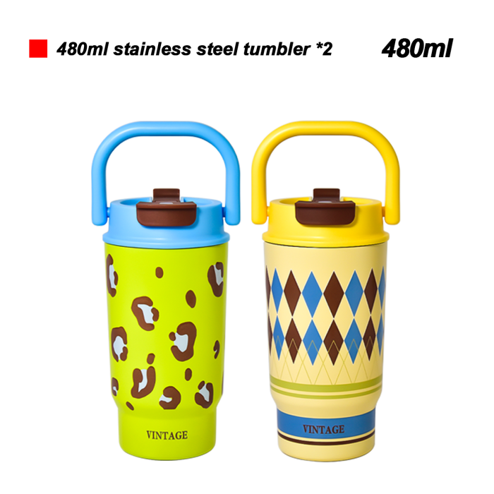 480ml 2-pack Gift packing 480ml Stainless Steel Water Bottle Portable Handheld Insulated Travel Coffee Mug Leakproof Thermal Cup for Outdoor Sports