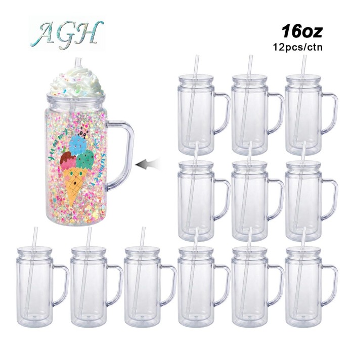 AGH US NEW 16 OZ 12pcs Double Wall Plastic HandleTumblers Sonw Globe Cups Lava drip tumbler with ClearLids, for DIY Glitter Gifts, with Pre Drilled Hole Plug
