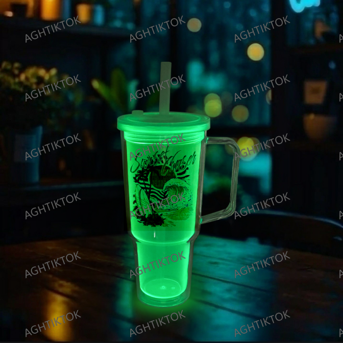 AGH US 8pcs/ctn 30oz Glowing to Green plastic double wall snow globe handle mug, with Pre Drilled Hole Plug