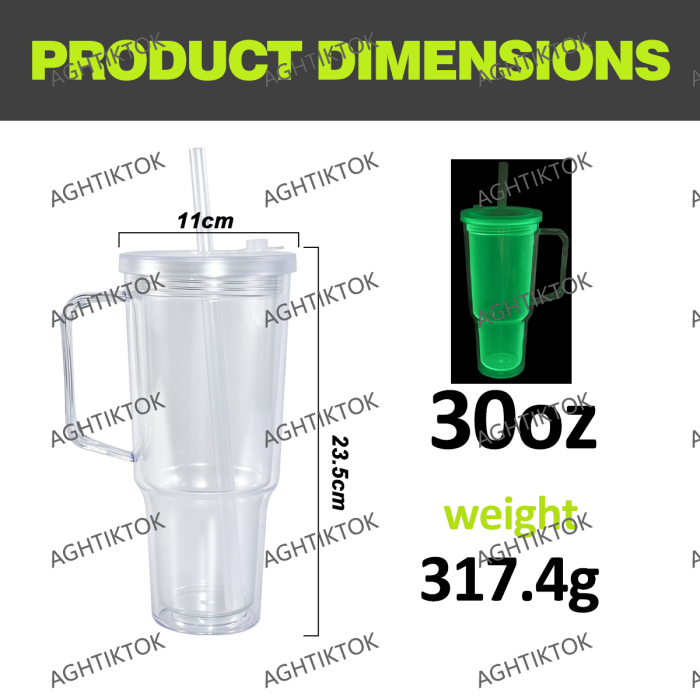 AGH US 8pcs/ctn 30oz Glowing to Green plastic double wall snow globe handle mug, with Pre Drilled Hole Plug