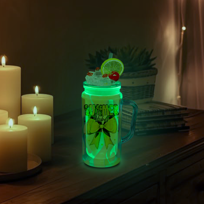 AGH US 8pcs 16oz Glowing to Green plastic double wall snow globe handle mug, with Pre Drilled Hole Plug 