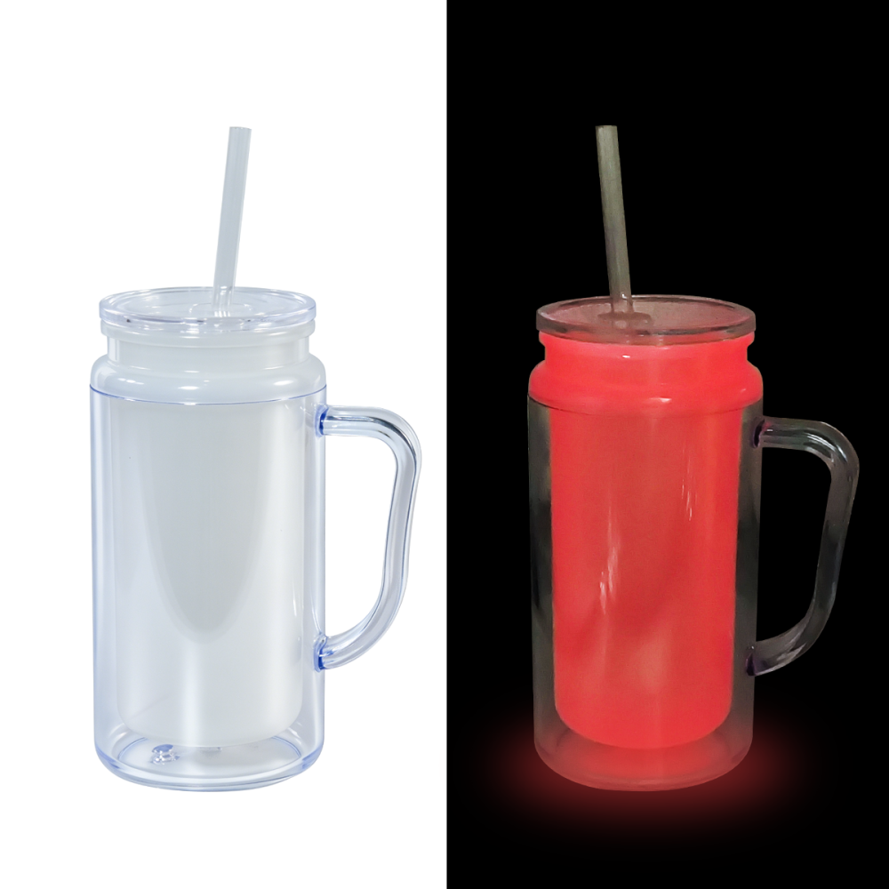AGH US 8pcs/ctn 16oz Glowing to red&yellow plastic double wall snow globe handle mug, with Pre Drilled Hole Plug 