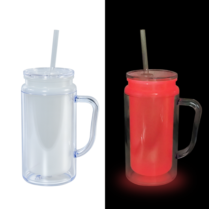 AGH US 8pcs/ctn 16oz Glowing to red&yellow plastic double wall snow globe handle mug, with Pre Drilled Hole Plug 
