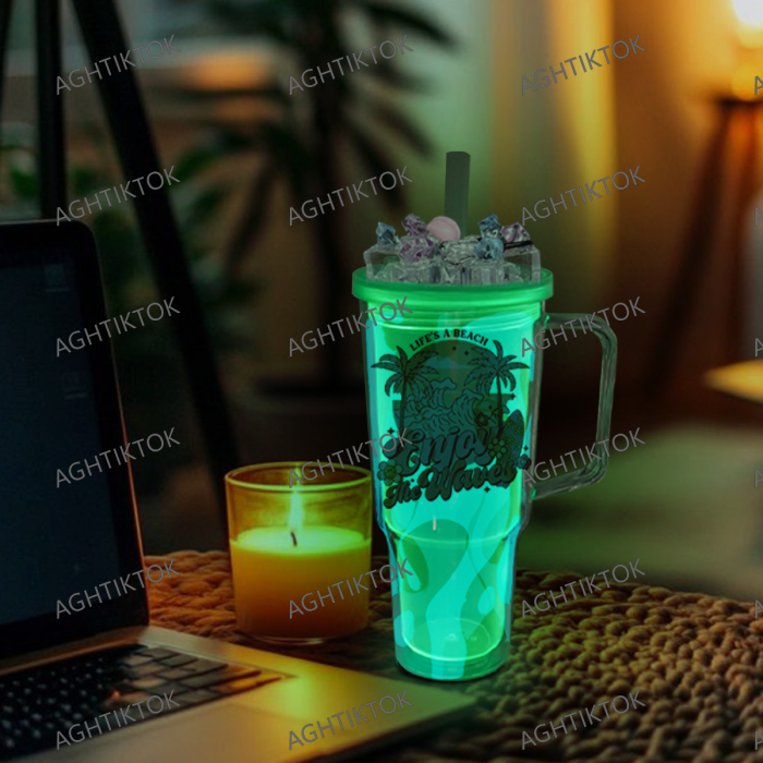 AGH US 8pcs/ctn 30oz Glowing to Green plastic double wall snow globe handle mug, with Pre Drilled Hole Plug