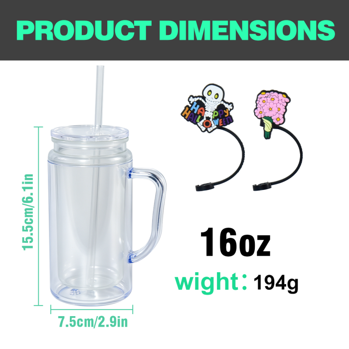 AGH US 8pcs 16oz Glowing to Green plastic double wall snow globe handle mug, with Pre Drilled Hole Plug 
