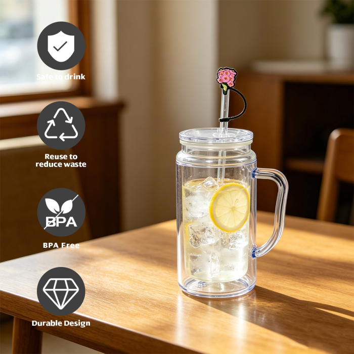 AGH US 8pcs 16oz Glowing to Green plastic double wall snow globe handle mug, with Pre Drilled Hole Plug 