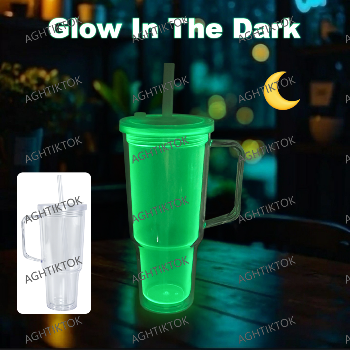 AGH US 8pcs/ctn 30oz Glowing to Green plastic double wall snow globe handle mug, with Pre Drilled Hole Plug