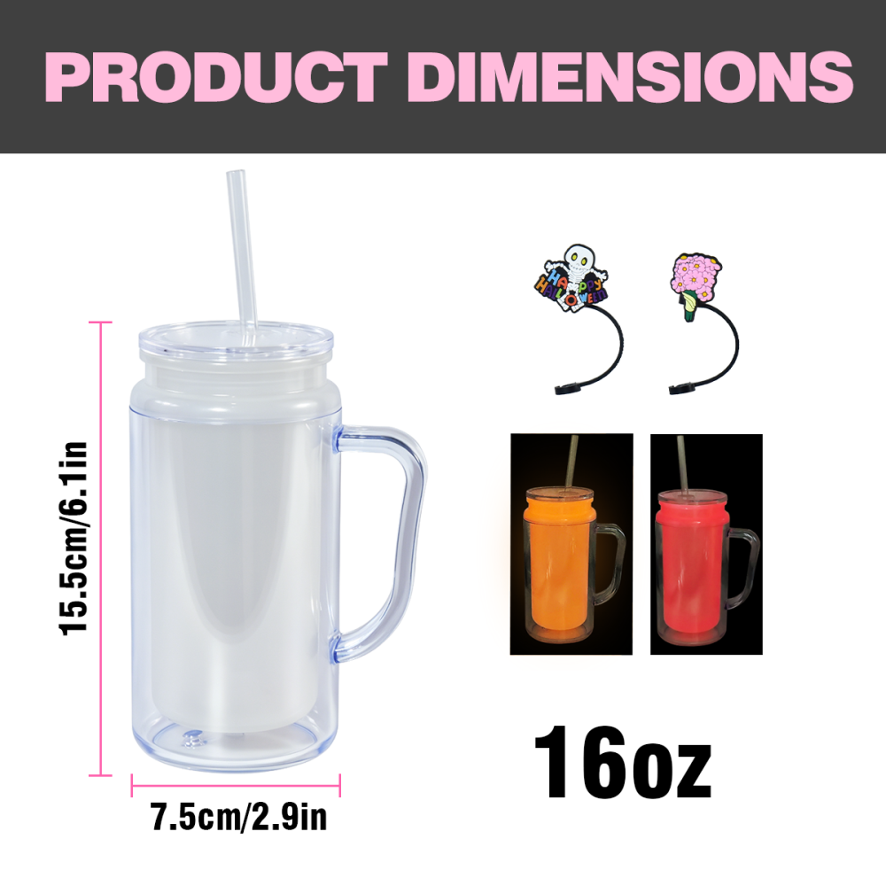 AGH US 8pcs/ctn 16oz Glowing to red&yellow plastic double wall snow globe handle mug, with Pre Drilled Hole Plug 