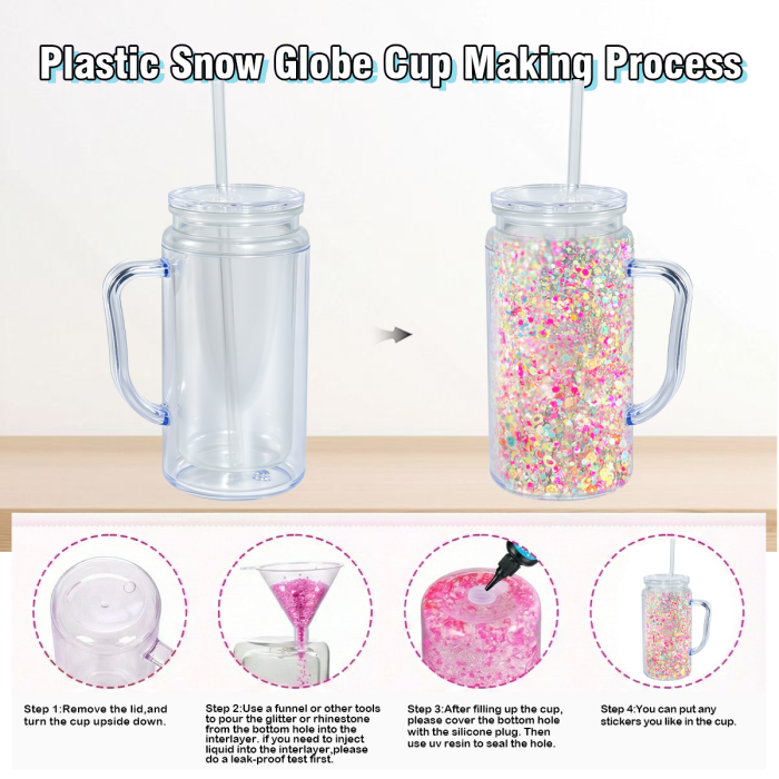 AGH US 8pcs 16oz Glowing to Green plastic double wall snow globe handle mug, with Pre Drilled Hole Plug 