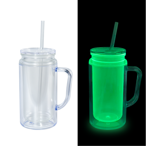 AGH US 8pcs 16oz Glowing to Green plastic double wall snow globe handle mug, with Pre Drilled Hole Plug 