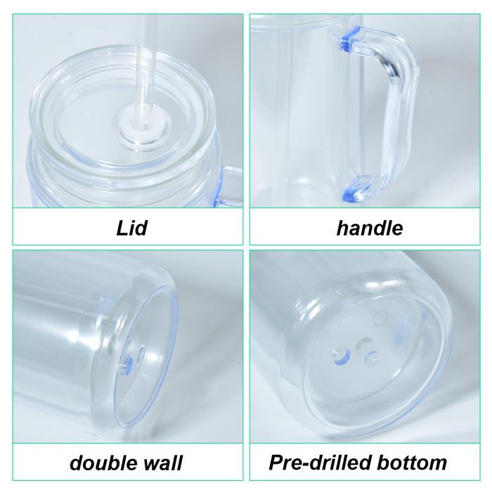 AGH US 8pcs 16oz Glowing to Green plastic double wall snow globe handle mug, with Pre Drilled Hole Plug 