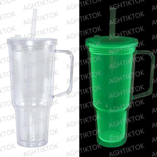 AGH US 8pcs/ctn 30oz Glowing to Green plastic double wall snow globe handle mug, with Pre Drilled Hole Plug