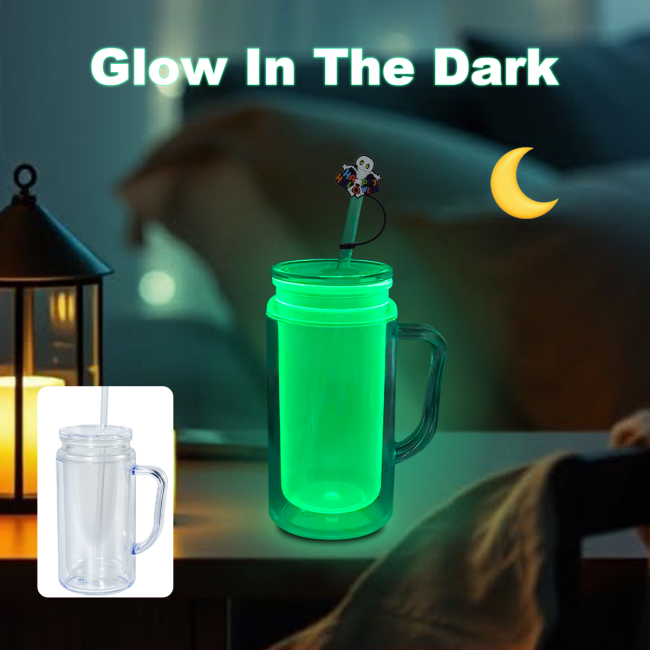 AGH US 8pcs 16oz Glowing to Green plastic double wall snow globe handle mug, with Pre Drilled Hole Plug