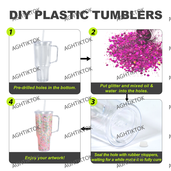 AGH US 8pcs/ctn 30oz Glowing to Green plastic double wall snow globe handle mug, with Pre Drilled Hole Plug