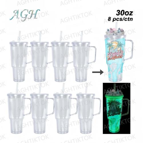 AGH US 8pcs/ctn 30oz Glowing to Green plastic double wall snow globe handle mug, with Pre Drilled Hole Plug