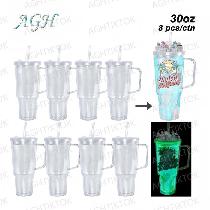 AGH US 8pcs/ctn 30oz Glowing to Green plastic double wall snow globe handle mug, with Pre Drilled Hole Plug