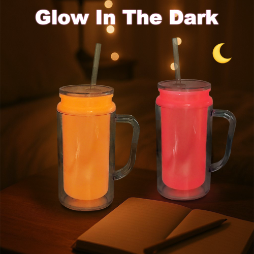 AGH US 8pcs/ctn 16oz Glowing to red&yellow plastic double wall snow globe handle mug, with Pre Drilled Hole Plug 