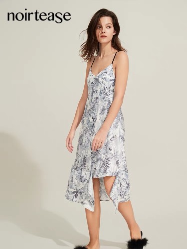 【NoirTease】Summer silk blue printed nightgown