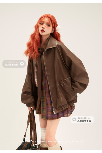 11SHOP97 Áo khoác da Maillard cho nữ 2023 phong cách mới đầu mùa thu retro dáng rộng bông chần bông áo khoác PU