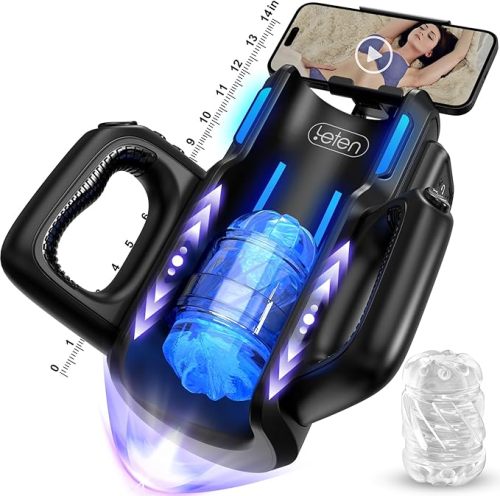 Đồ chơi tình dục nam Máy thủ dâm nam - Đồ chơi tình dục nam chạy điện hoàn toàn tự động với 12 lực đẩy mỗi giây, Đồ chơi tình dục nam Đồ chơi người lớn có giá đỡ điện thoại và 2 túi silicon mềm Âm hộ Huấn luyện viên dương vật rảnh tay