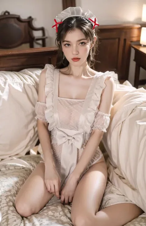 Trang phục hầu gái nơ ren chấm bi bao gồm: tạp dề + quần + vòng tay + phụ kiện tóc