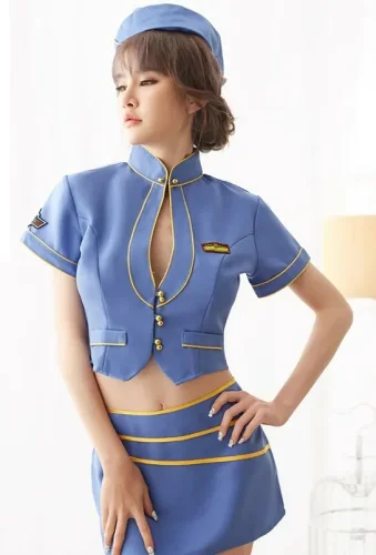 Bộ đồng phục tiếp viên hàng không màu xanh Tưởng tượng về tiếp viên hàng không mà bạn không dám thực hiện. Hãy thực hiện một màn nhập vai thú vị để chỉnh sửa vóc dáng của mình và lấp đầy không khí đầy cám dỗ