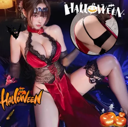Váy nhung vàng dài xẻ tà viền ren Ngày lễ hệ COSPLAY ~ Sườn xám trung hoa cổ điển ~ Khoe chữ V sâu, lộ lưng đẹp, lộ chân đẹp, lộ mông đào, gợi cảm và quyến rũ ~