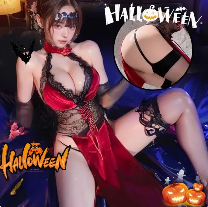 Váy nhung vàng dài xẻ tà viền ren Ngày lễ hệ COSPLAY ~ Sườn xám trung hoa cổ điển ~ Khoe chữ V sâu, lộ lưng đẹp, lộ chân đẹp, lộ mông đào, gợi cảm và quyến rũ ~