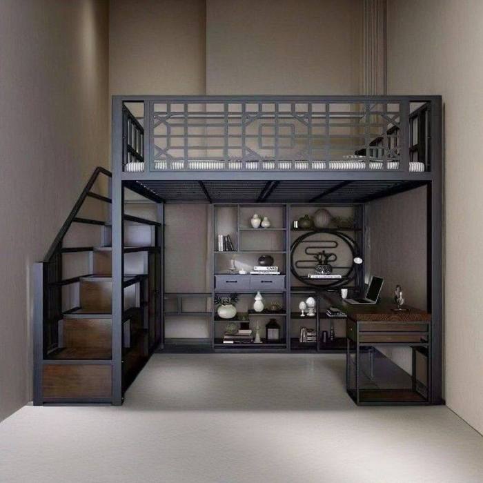Co Multifunctional bunk bed with thickened iron frame and table underneath, space-saving high and low bed, suitable for small apartments and loft beds.