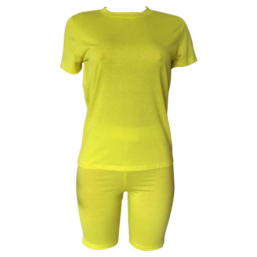 Solid Color Short Sleeve Two Piece Shorts Set
