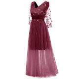 V-neck Lace Embroidered Flower Bridesmaid Dress
