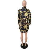 Casual Irregular Printed Buttons Design Mini Dress